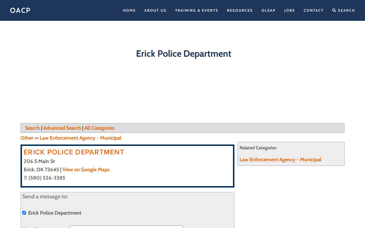 Erick Police Department source for Beckham County arrest-record contact